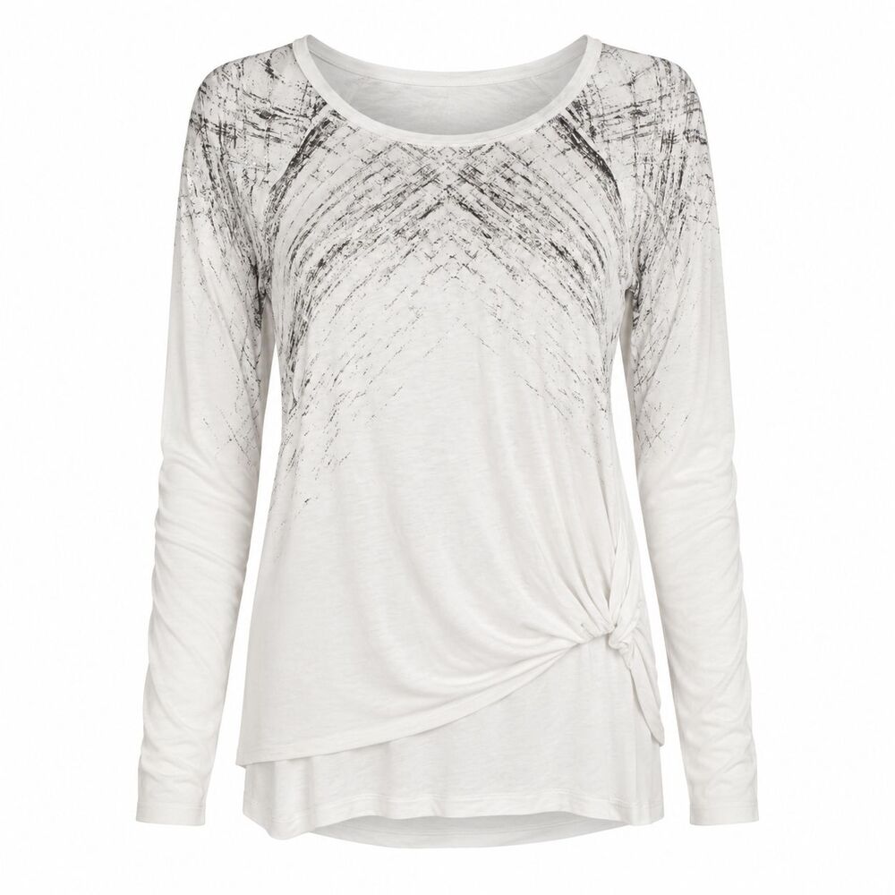 Karen Kane White Silver Print Top Small Made USA Soft Stretch Long Sleeve